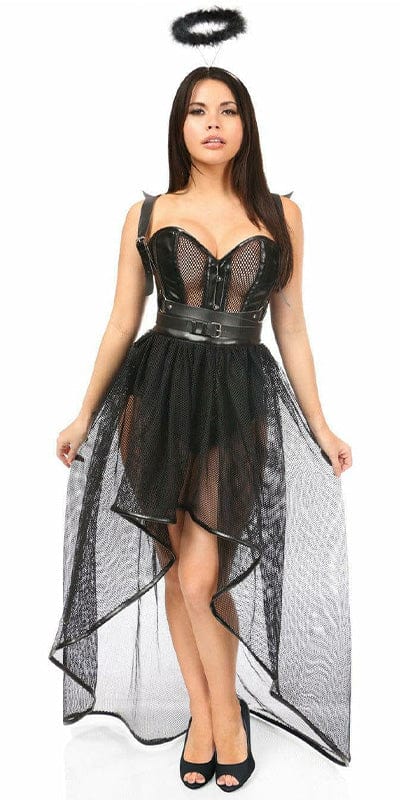 Woman wearing Sexy Deluxe 4 Piece Gothic Angel Halloween Costume, featuring a black dress with a high-low fishnet skirt and faux leather wing harness.
