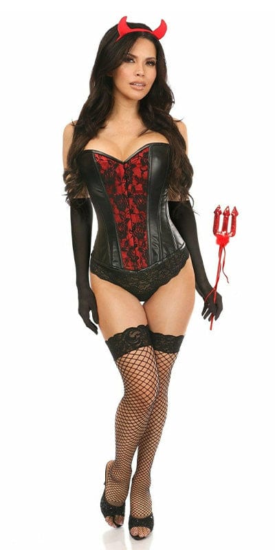 Sexy Deluxe 4 Piece Gothic Devil Corset Halloween Costume featuring a corset and stockings, modeled by a woman, highlighting the seductive design and premium detailing.
