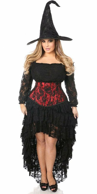 Sexy Deluxe 4 Piece Lace Witch Corset Halloween Costume featuring a black and red corset with lace detailing, paired with a witch hat, peasant top, and lace skirt.