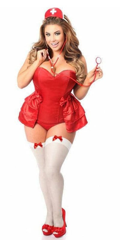 Woman wearing the Sexy Deluxe 4 Piece Naughty Nurse Corset Halloween Costume, featuring a red corset and accessories like a nurse hat and stethoscope.
