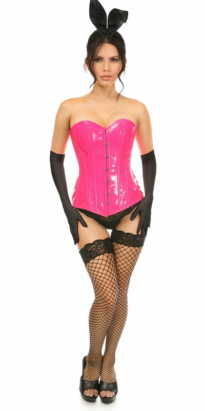 Woman modeling the Sexy Deluxe 4 Piece Pink Patent Bunny Corset Halloween Costume, featuring a pink corset with black gloves, showcasing its high-quality Patent PVC Vinyl fabric.