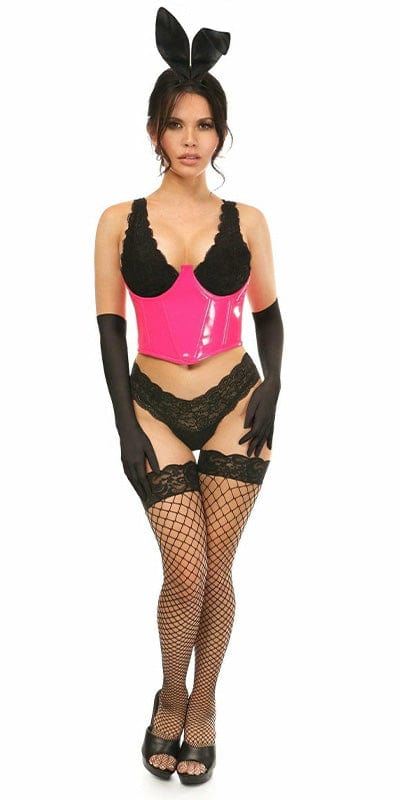 Woman modeling the Sexy Deluxe 4 Piece Pink Vinyl Bunny Corset Halloween Costume, showcasing the corset's structure and design, including black gloves and accessories.