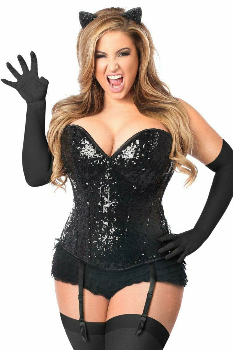 Sexy Deluxe 4 Piece Sequin Black Cat Corset Halloween Costume Musotica.com