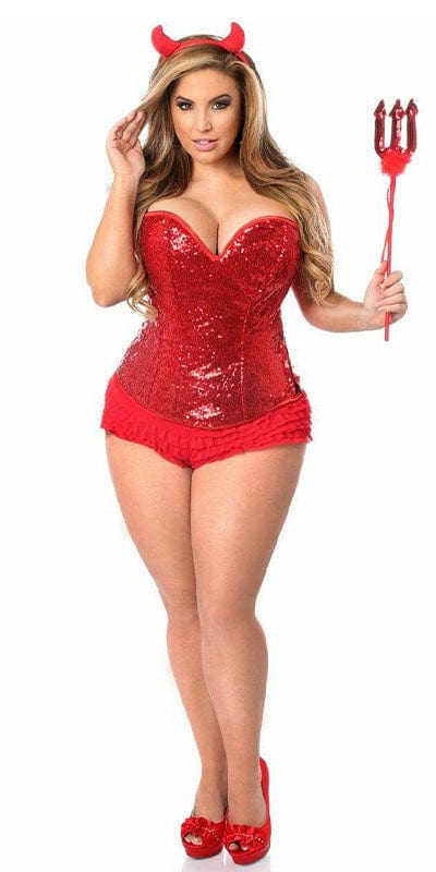 Sexy Deluxe 4 Piece Sequin Devil Corset Halloween Costume featuring a red corset, ruffle panty, and devil accessories, modeled by a woman in a photo shoot.