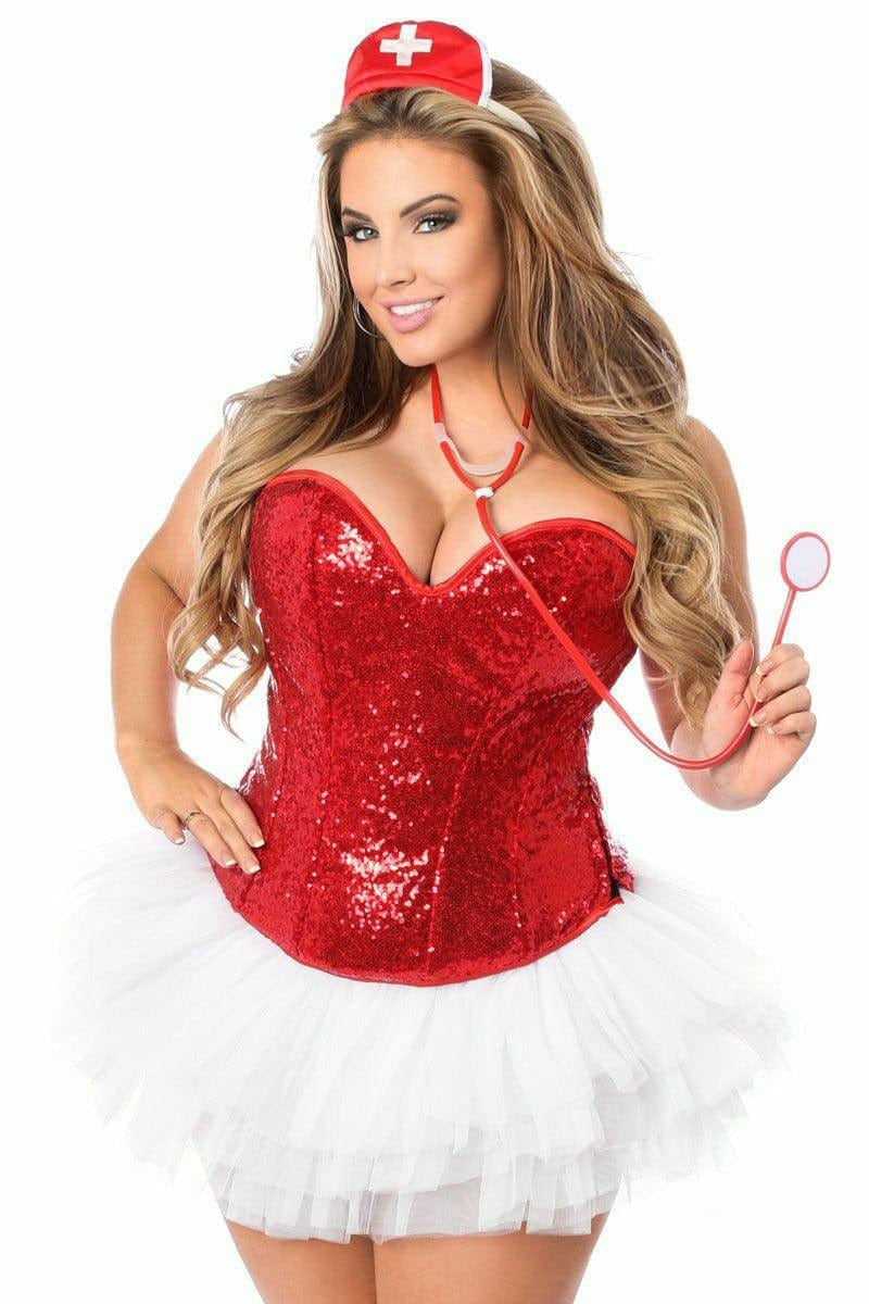 Sexy Deluxe 4 Piece Sequin Nurse Corset Halloween Costume Musotica.com