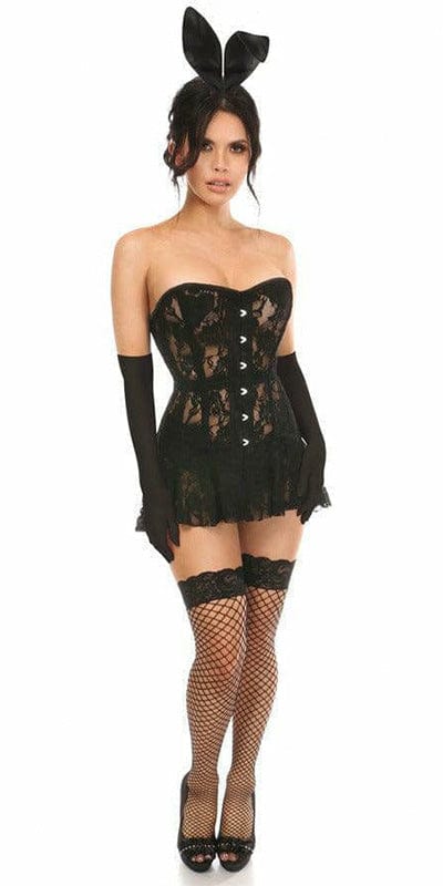 Woman modeling the Sexy Deluxe 4 Piece Sexy Black Bunny Halloween Costume, featuring a form-fitting corset with lace and steel bones, complemented by satin bunny ears.