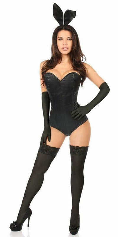 Woman modeling the Sexy Deluxe 4 Piece Sexy Bunny Corset Halloween Costume, showcasing the black corset, black gloves, and high heels.