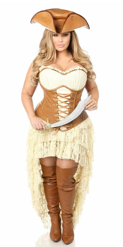 Woman in Sexy Deluxe 4 Piece Pirate Corset Halloween Costume with corset, lace skirt, pirate hat, and sword, showcasing swashbuckling style and intricate design details.