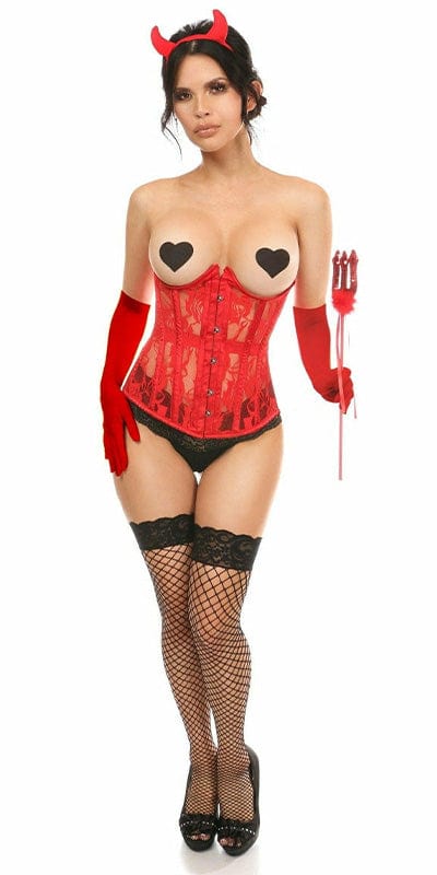 Woman modeling the Sexy Deluxe 4 Piece Sexy Red Devil Corset Halloween Costume, featuring a corset with underwire and garter loops, complemented by red gloves.