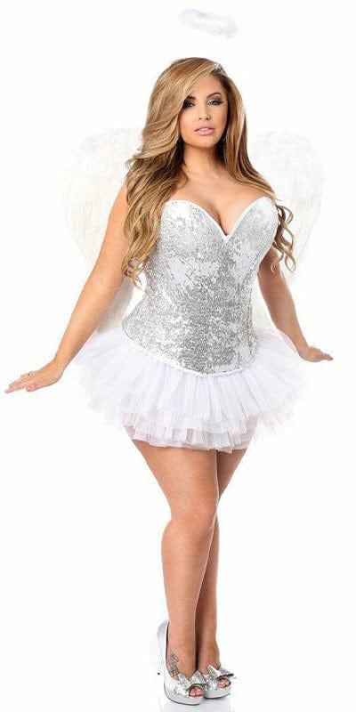 Woman wearing a Sexy Deluxe 4 Piece Silver Sequin Angel Corset Halloween Costume with sweetheart neckline, high-quality fabric, and feathered angel wings.
