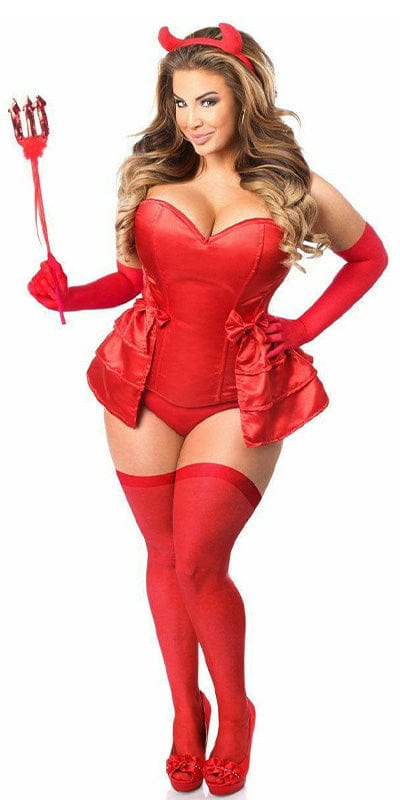 Sexy Deluxe 5 Piece Devilicious Corset Halloween Costume featuring a woman modeling a red corset with high heels, part of a themed photo shoot.
