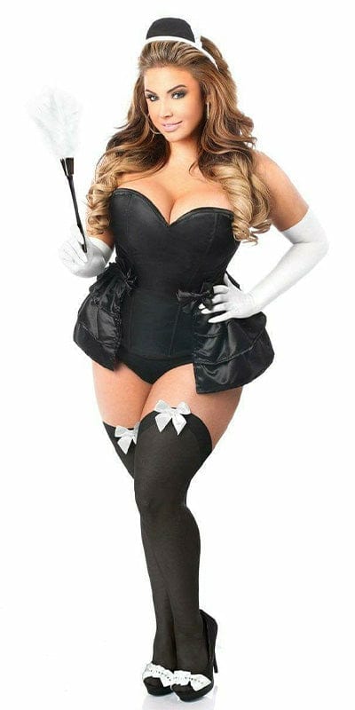 Woman modeling the Sexy Deluxe 5 Piece Frisky French Maid Corset Halloween Costume, featuring a satin corset, removable garters, and accessories like a hat and feather duster.