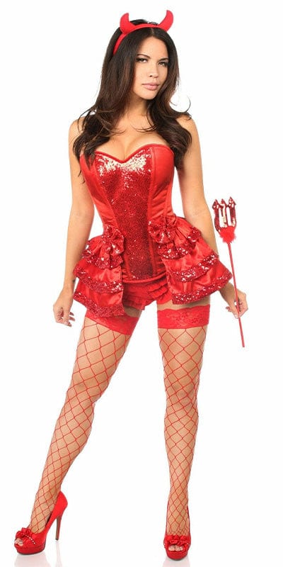 Sexy Deluxe 5 Piece Red Hot Devil Halloween Costume featuring a woman in a red corset with high heels, showcasing the fashionable design and intricate details.