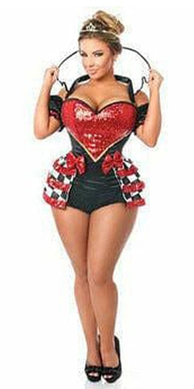Woman modeling Sexy Deluxe 6 Piece Royal Red Queen Corset Halloween Costume, featuring a fullbust corset and detachable elements like skirt and sleeves.