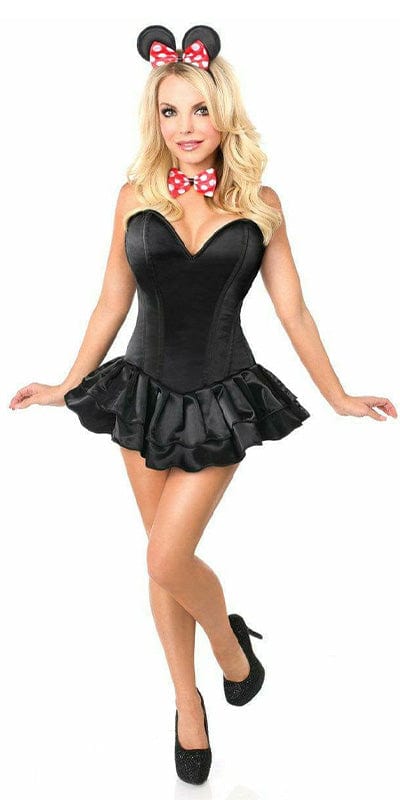 Sexy Deluxe Flirty Mouse Halloween Costume featuring a corset dress with sweetheart neckline, mouse ears, and choker, modeled by a woman in a black dress.