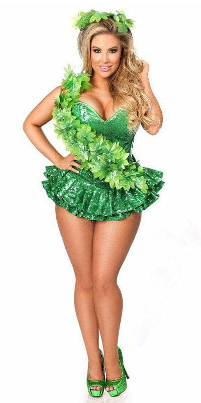 Woman modeling the Sexy Deluxe Ivy Poison Vixen Corset Halloween Costume, featuring a sweetheart neckline corset dress with sequin fabric and removable Ivy Embellishment.