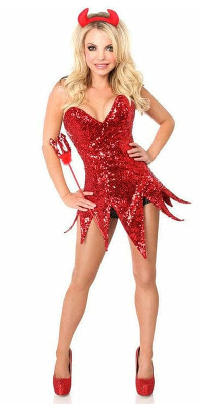 Woman wearing the Sexy Deluxe Red Sequin Devil Corset Dress Halloween Costume, featuring a sweetheart neckline and sequin pitchfork accessory, embodying a devilish, stylish allure.