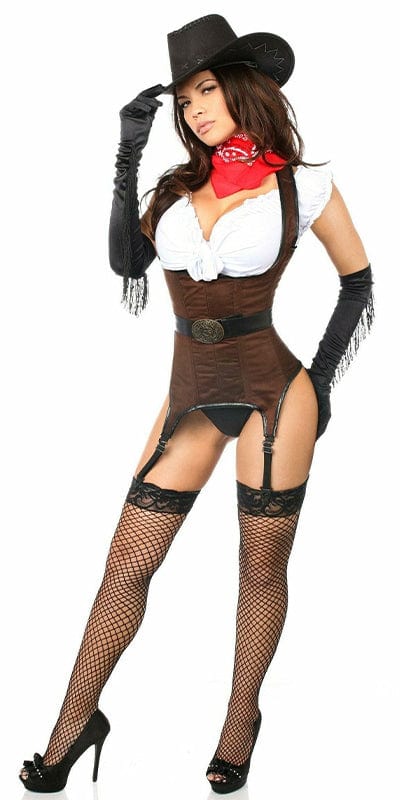 Woman wearing Sexy Deluxe Ride 'em Cowgirl Corset Halloween Costume with high heels, featuring a brown suede corset, faux leather belt, and thigh-high stockings.