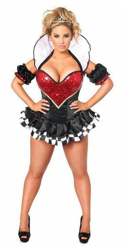 A woman models the Sexy Deluxe Royal Queen Corset Halloween Costume, featuring a corset dress, tiara, and removable sleeves, embodying regal cosplay style.