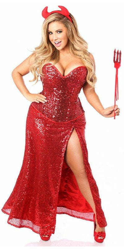 Sexy Deluxe Sequin Devil Halloween Costume featuring a woman in a red sequin corset and skirt, accessorized with horns and a pitchfork.