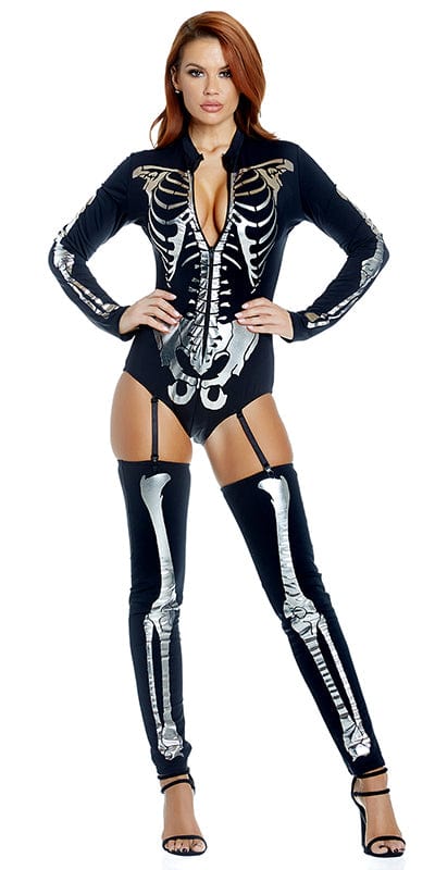 Woman modeling Sexy Dirty Bones Skeleton Halloween Costume, featuring a black and silver skeleton-print bodysuit with long sleeves, zip front, garter straps, and thigh highs.