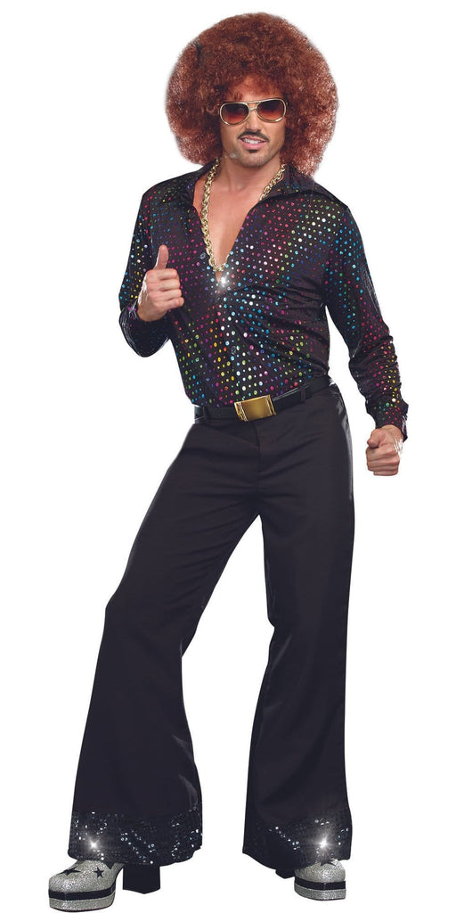 Man wearing the Sexy Disco Dude Men's Costume with a holographic disco dot shirt and black pants, featuring a big red afro and sunglasses.