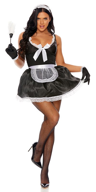 Woman modeling the Sexy Domesticated Goddess French Maid Halloween Costume, featuring a peek-a-boo back dress, sheer apron, maid headband, black gloves, and duster accessory.