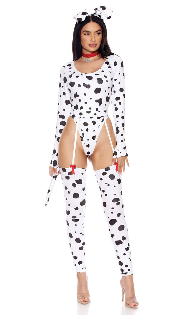 Woman in Sexy Dotty Dalmatian Halloween Costume featuring a long-sleeve bodysuit, choker, garter belt, leg accessories, and dog ear headband.