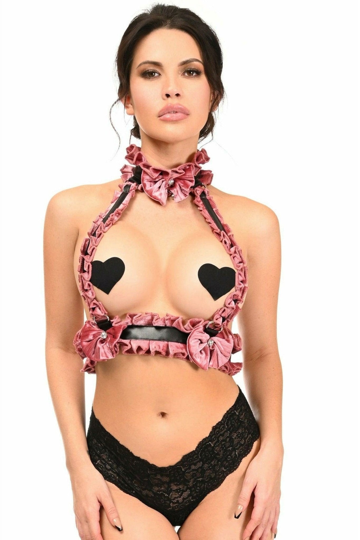 Woman wearing the Sexy Dusty Rose Velvet Double Strap Body Harness with jeweled choker, featuring a pink and black heart pattern. Panties and pasties not included.