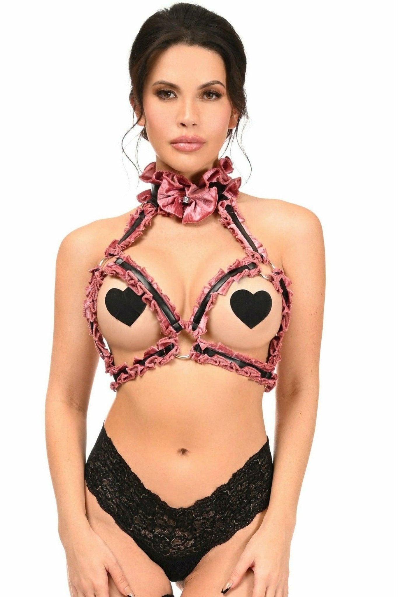 Woman wearing a Sexy Dusty Rose Velvet Triangle Top Body Harness with rhinestone embellishments and bell detail, featuring a ribbon tie closure.