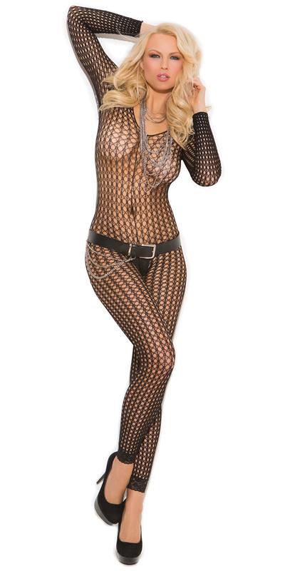 Woman modeling Sexy Empire Black Crochet Long Sleeve Bodystocking, featuring fishnet design and long sleeves, accompanied by black high-heeled shoes.