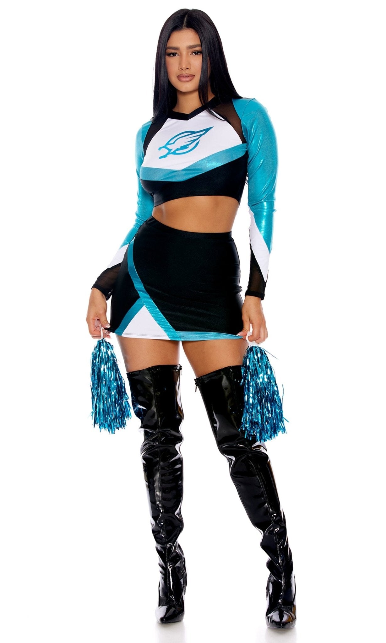 Sexy Euphoric Cheerleader Halloween Costume featuring a cheerleader outfit with color-blocked panels, mini-skirt, pom-poms, and black boots with blue tassels.