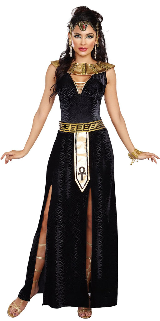 Woman in Sexy Exquisite Cleopatra Women's Costume, black velvet with gold trim, Egyptian pattern, and slits. Includes sequined collar and belt.