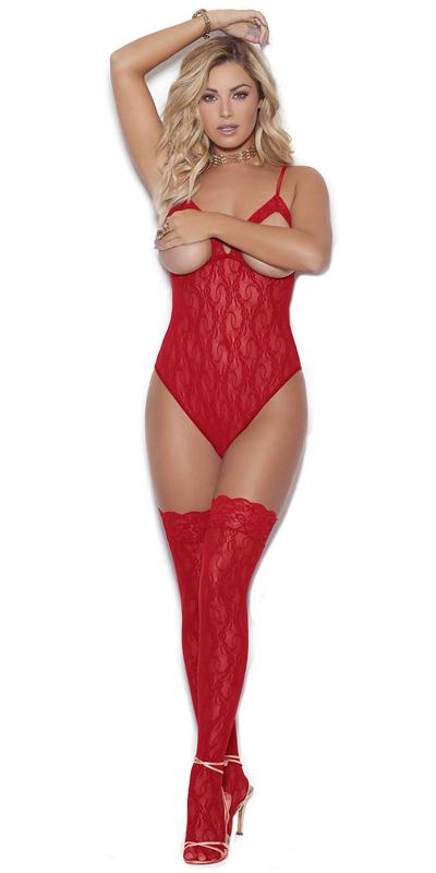 Woman modeling the Sexy Fire Floral Lace Open Cup Teddy with Stockings, featuring open cups, lace trim, spaghetti straps, and matching thigh-high stockings.