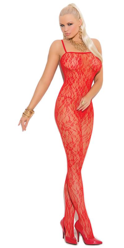 Woman modeling the Sexy Fleek Rose Floral Lace Bodystocking, showcasing its intricate lace design and spaghetti straps, paired with high heels for a sophisticated look.