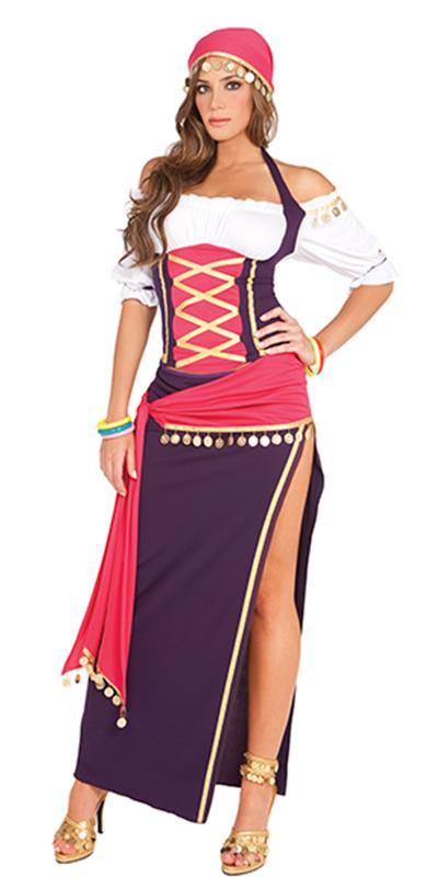 Woman wearing the Sexy Fortune's Told Gypsy Costume, featuring a detailed garment suitable for Halloween or cosplay, highlighting its fashion-forward design.