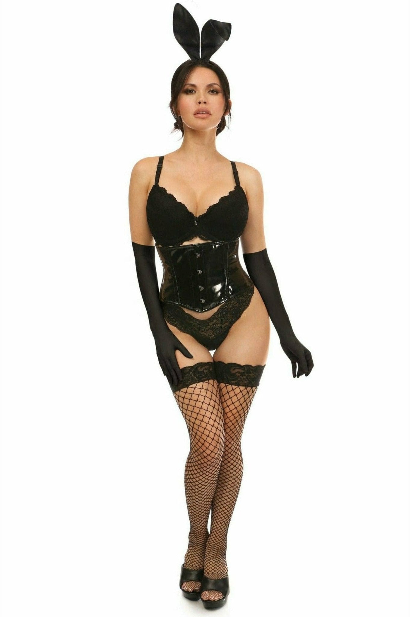 Woman modeling the Sexy Four Piece Black PVC Bunny Corset Costume, featuring a corset, fishnet gloves, stockings, and bunny ears, highlighting the outfit's playful allure.