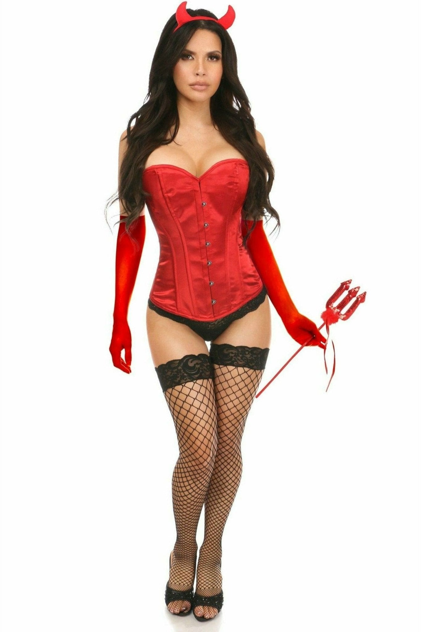 Sexy Four Piece Daring Devil Corset Costume featuring a red overbust corset with fishnet stockings, highlighting its adjustable fit and vintage-inspired design.
