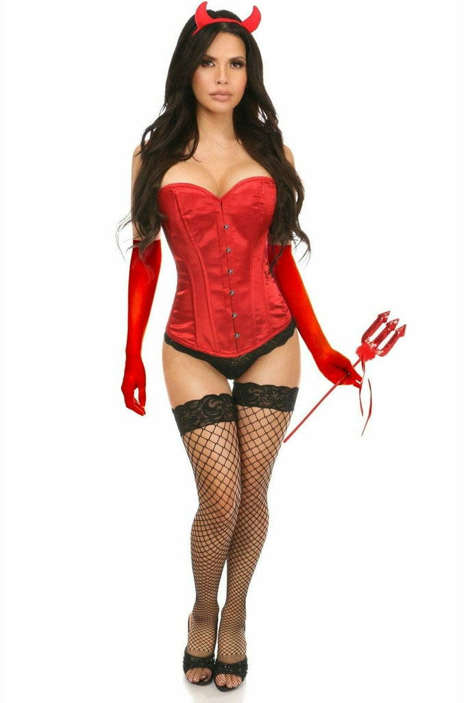 Sexy Four Piece Daring Devil Corset Costume featuring a red overbust corset with fishnet stockings, highlighting its adjustable fit and vintage-inspired design.