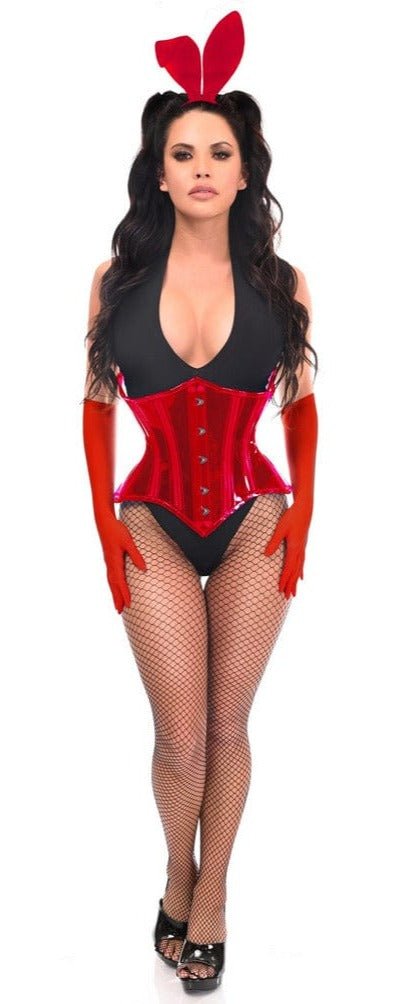 Sexy Four Piece Red Festival Bunny Corset Costume featuring a sultry underbust design with clear tinted fabric, highlighted by structured boning for a curvy silhouette.