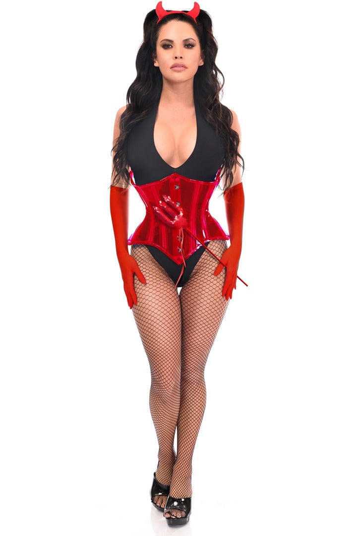 Woman modeling the Sexy Four Piece Red Festival Devil Corset Costume, featuring a red corset, fishnet stockings, and devil accessories.