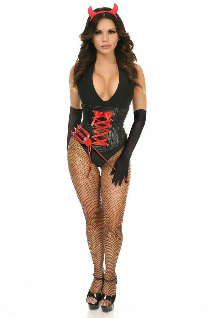 Woman wearing Sexy Four Piece Sexy Devil Corset Costume with fishnet stockings and devil headband, showcasing an underbust corset and high heels.