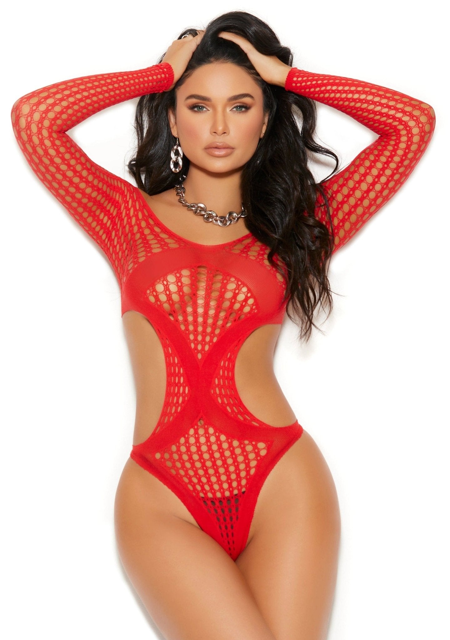 Woman wearing the Sexy Free Red Long Sleeve Cutout Fishnet Teddy, featuring a crochet design with cutouts, long sleeves, and a thong back.