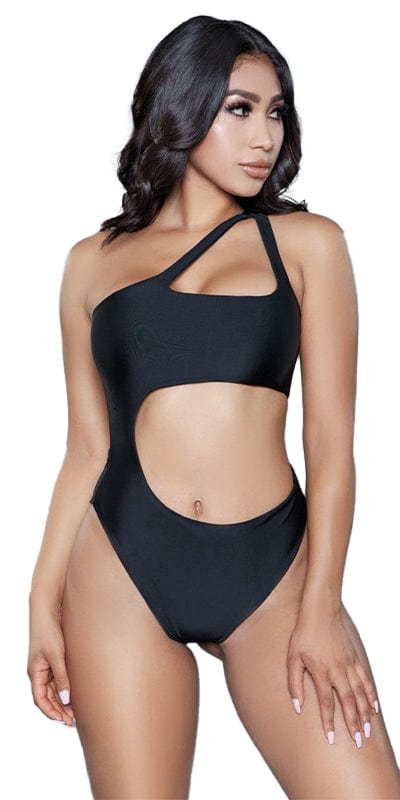 Woman modeling the Sexy Freya Asymmetrical Cut Out One Shoulder Swimsuit with cheeky tanga reverse, showcasing its unique design and curvier sizing suitability.