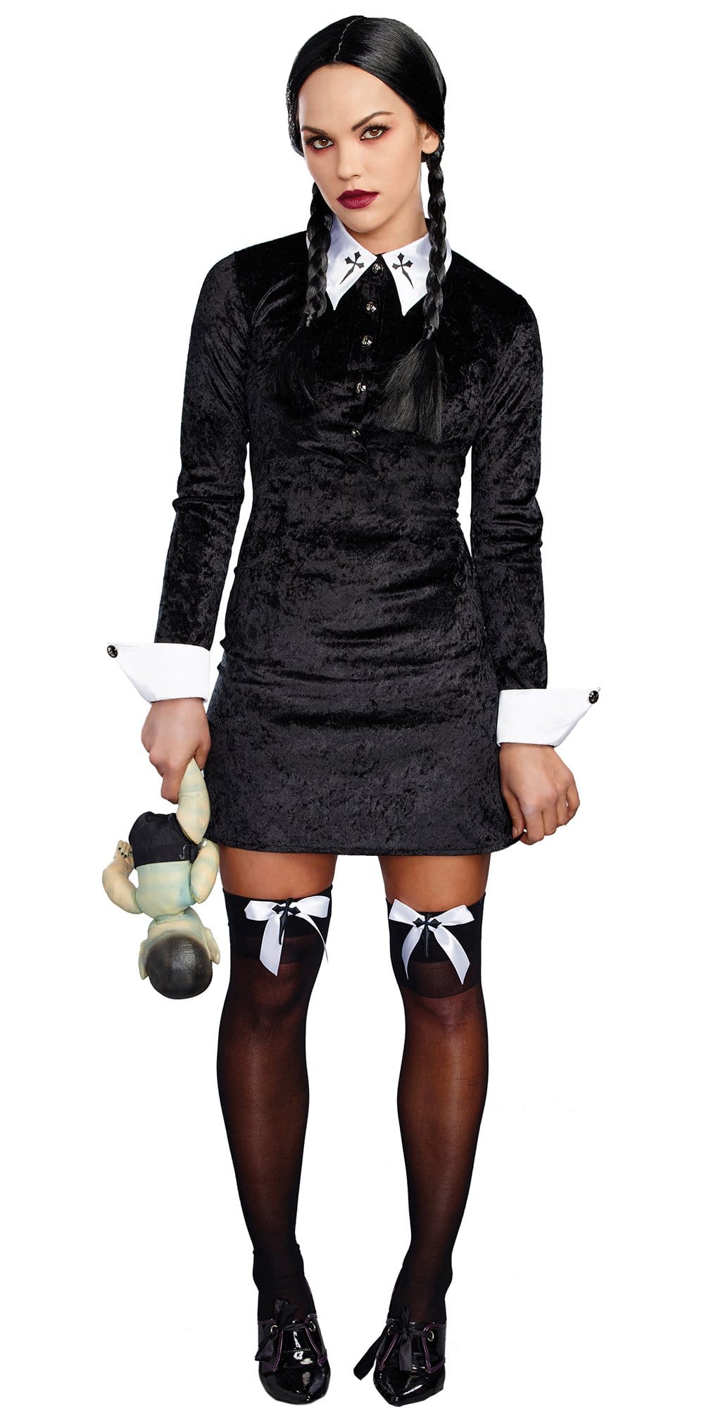 Sexy Friday Women's Costume: Woman in black velvet dress with white collar, holding a doll. Stocking bow toppers visible. Doll not included.