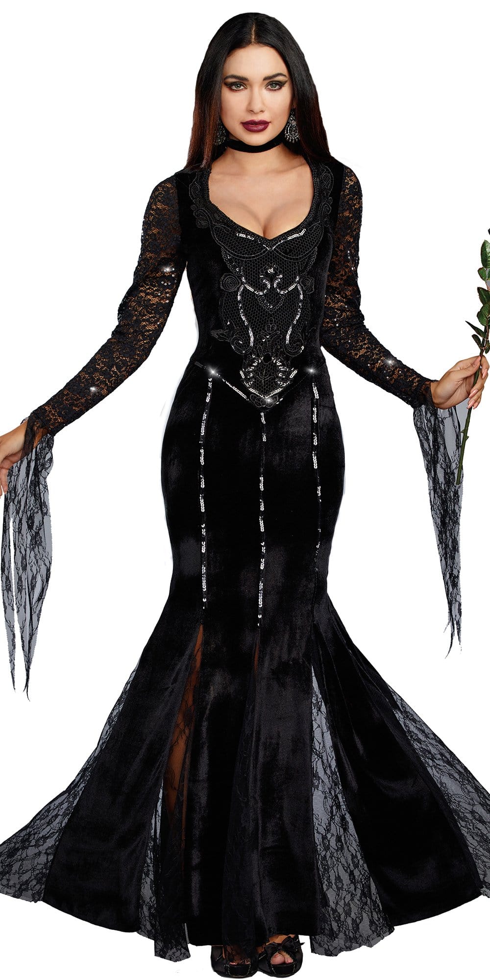 Woman in a black velvet gown with sequin bodice and lace sleeves, holding a rose, showcasing the Sexy Frightfully Beautiful Women's Costume.