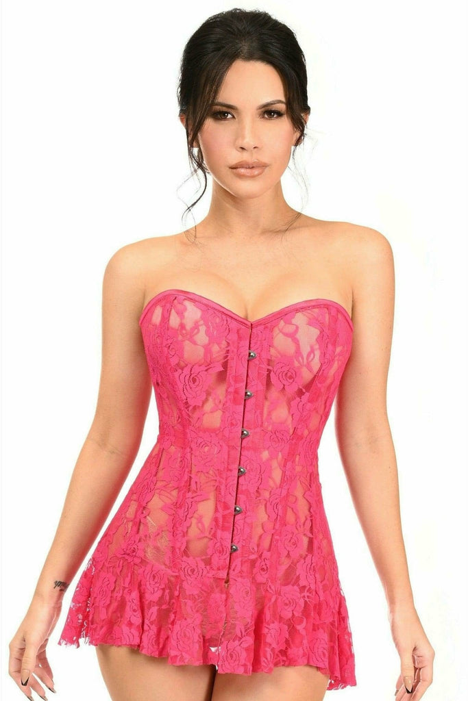 Woman wearing a Sexy Fuchsia Sheer Lace Corset Dress with front busk closure and back cinching, showcasing intricate lace detailing and structured boning.