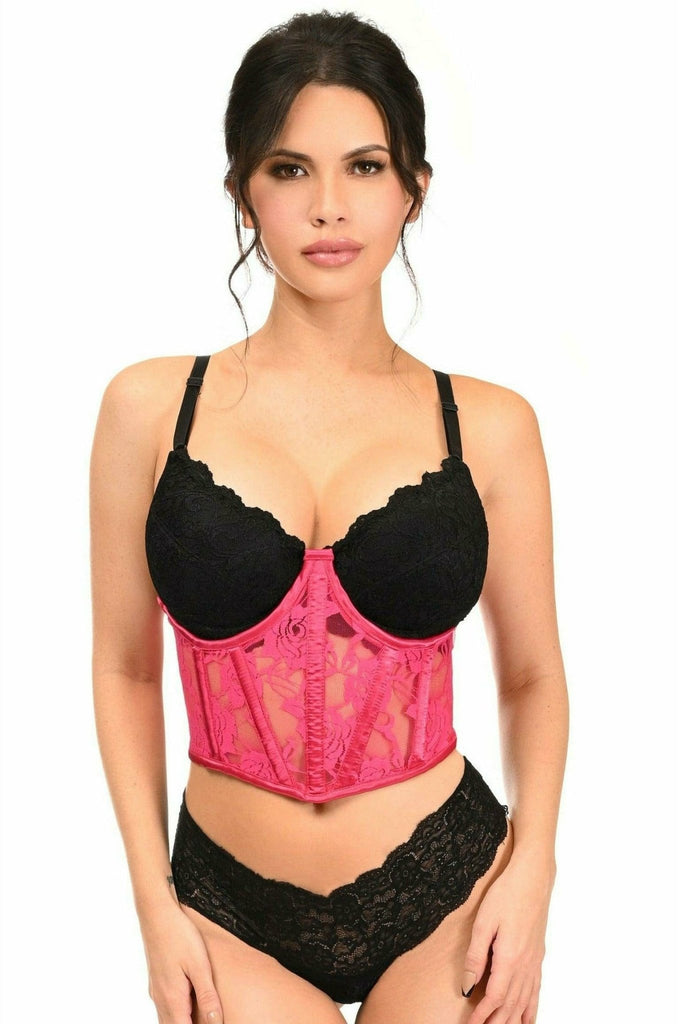A woman models the Sexy Fuchsia Sheer Lace Underwire Waist Cincher Corset, featuring lace fabric and supportive bones, highlighting its waist-shaping design.
