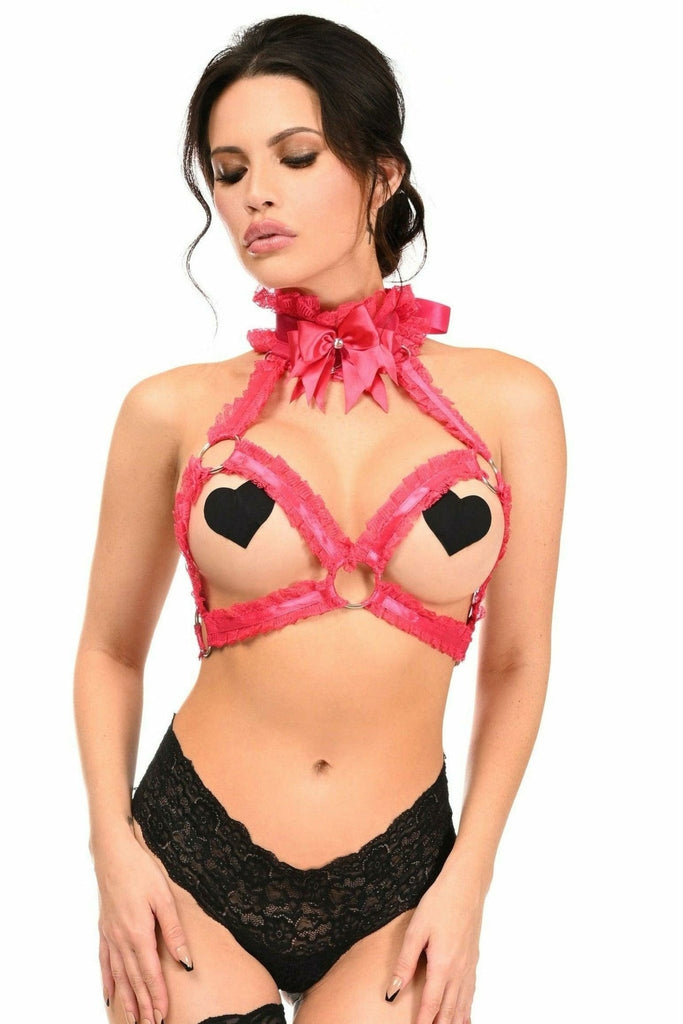 Woman modeling a Sexy Fuchsia Lace Triangle Top Body Harness with rhinestone choker and bell, featuring black panties.