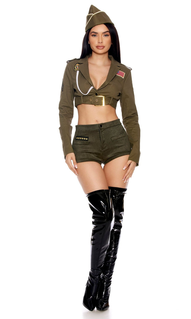 Woman modeling the Sexy Fury Vintage Military Halloween Costume, featuring a cropped blazer with patches, faux suede shorts, boots, and a matching hat.